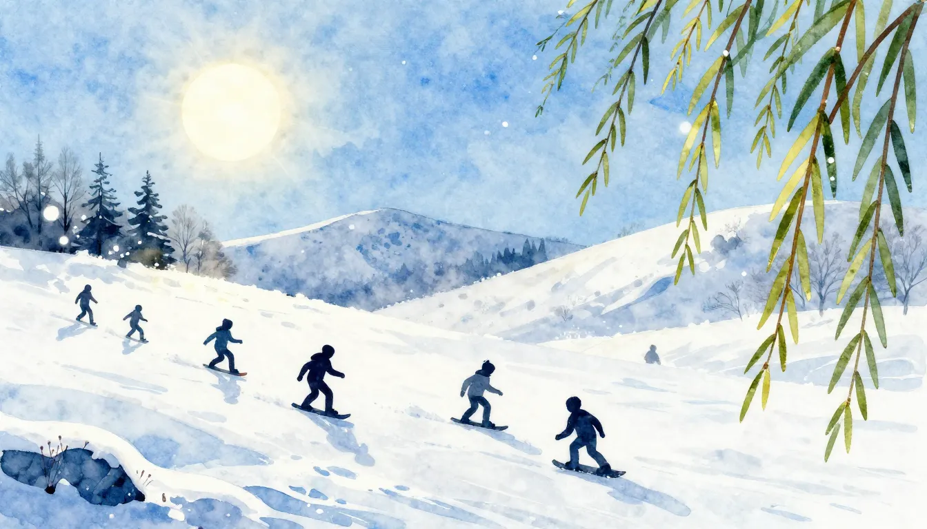 Watercolor style. Winter landscape, end of February, snowy h...