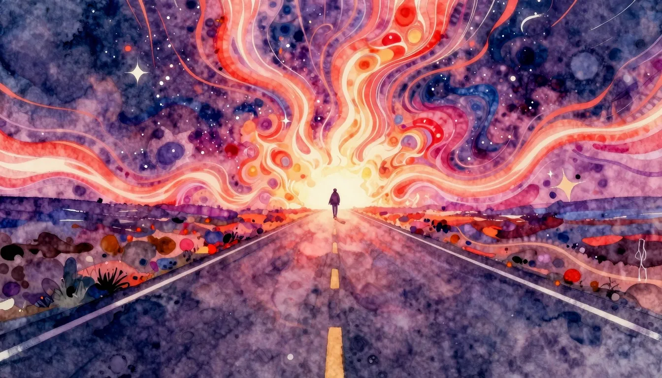 Vibrant watercolor style. Trance album cover, endless road, ...