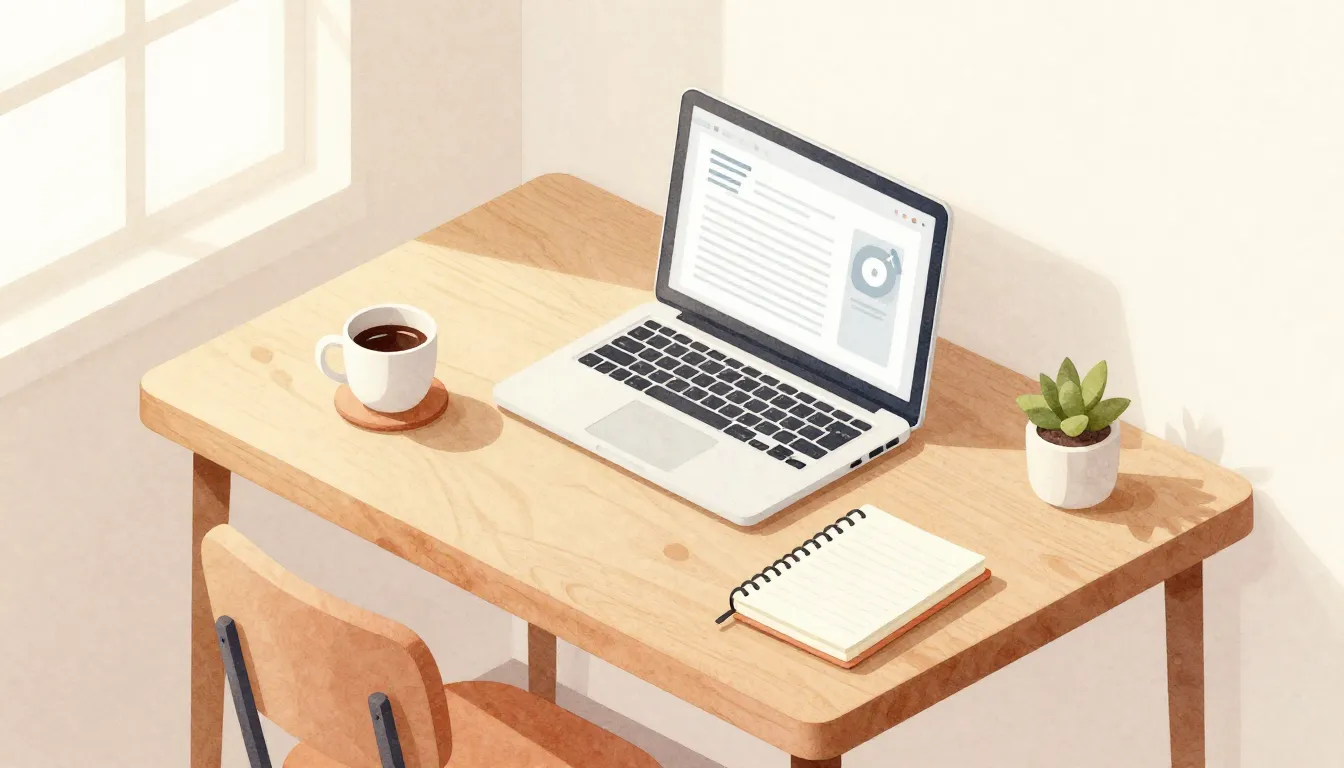 Watercolor style. Cozy home office desk with a laptop, a cup...