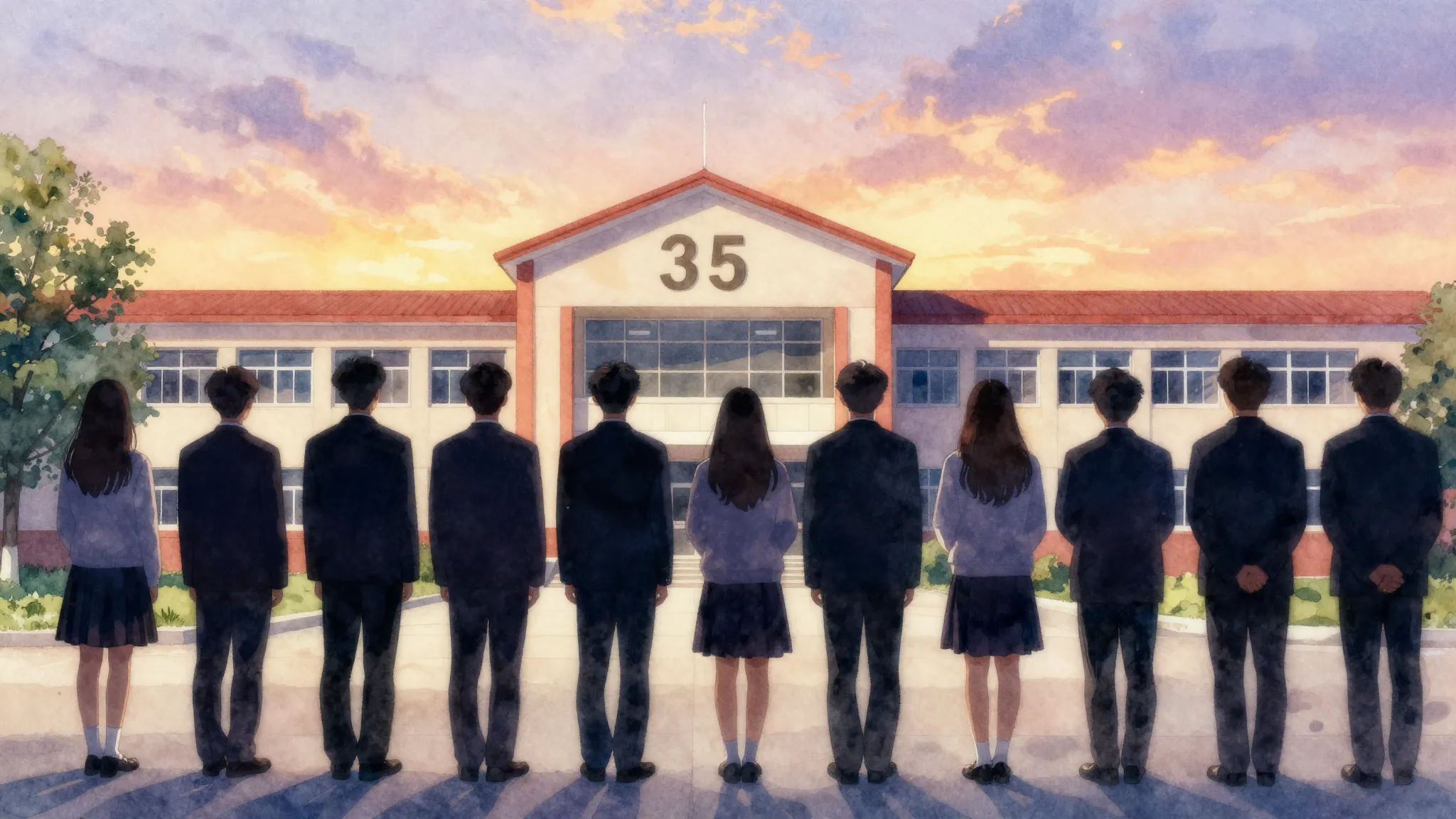 Watercolor style. Silhouettes of teenagers in formal uniform...