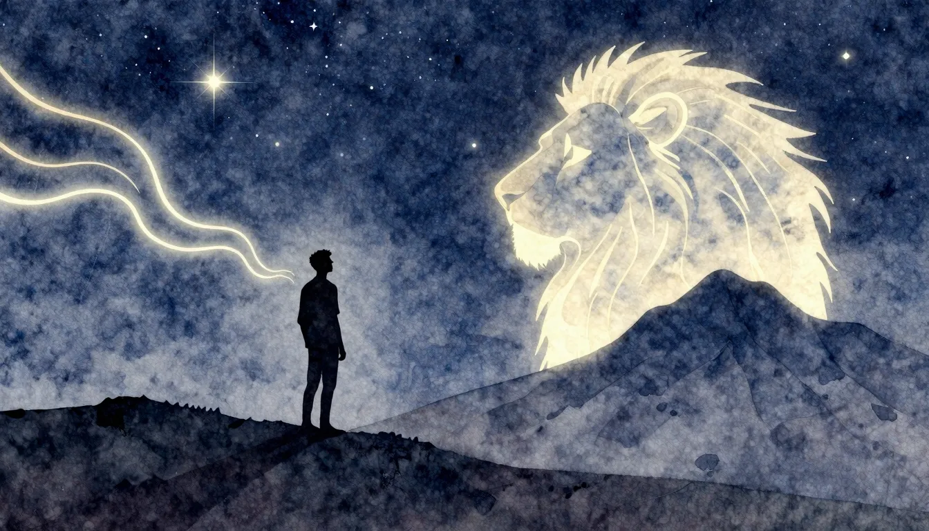 Watercolor style. A silhouette of a man stands on a hill und...