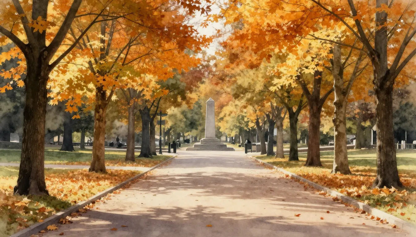 Watercolor style. Photorealistic autumn park, golden hour, w...