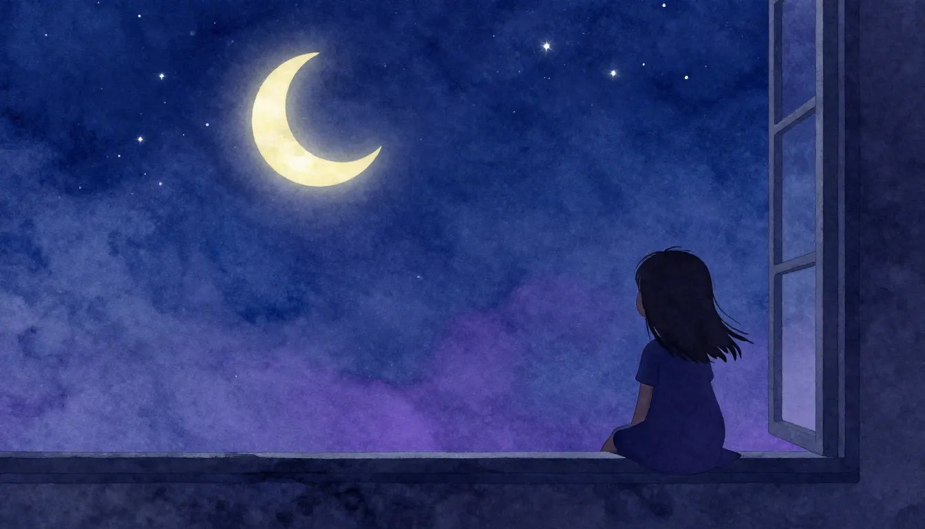 Watercolor style. A silhouette of a small girl looking at a ...