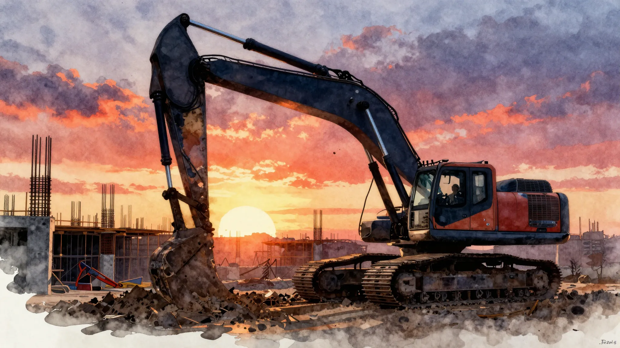 Watercolor style. Silhouette of an excavator against a vibra...