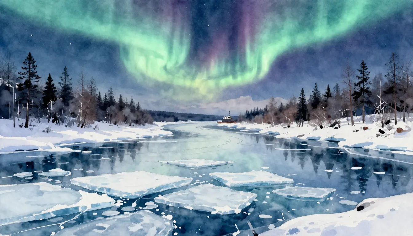 Watercolor style. Majestic wide river Lena in winter, ice fl...