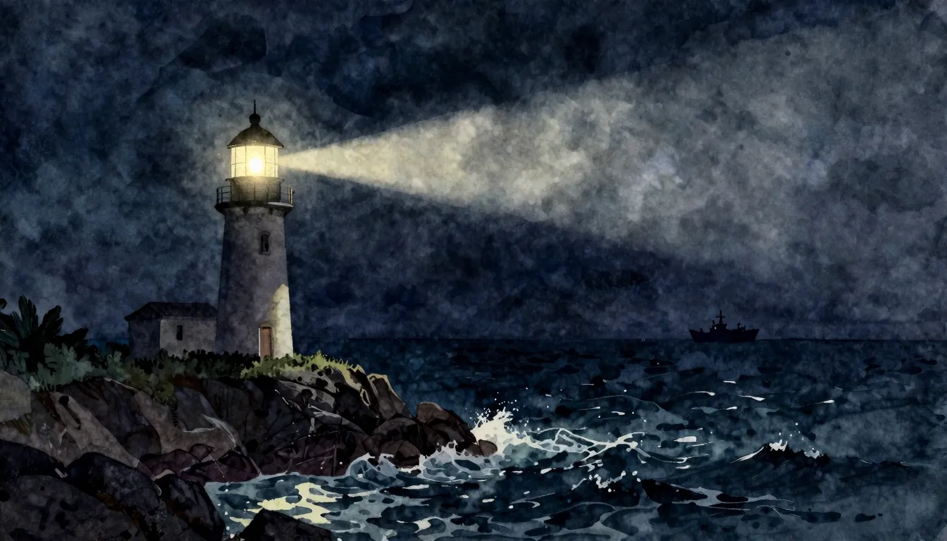 Watercolor style. A glowing lighthouse on a rocky cliff at n...