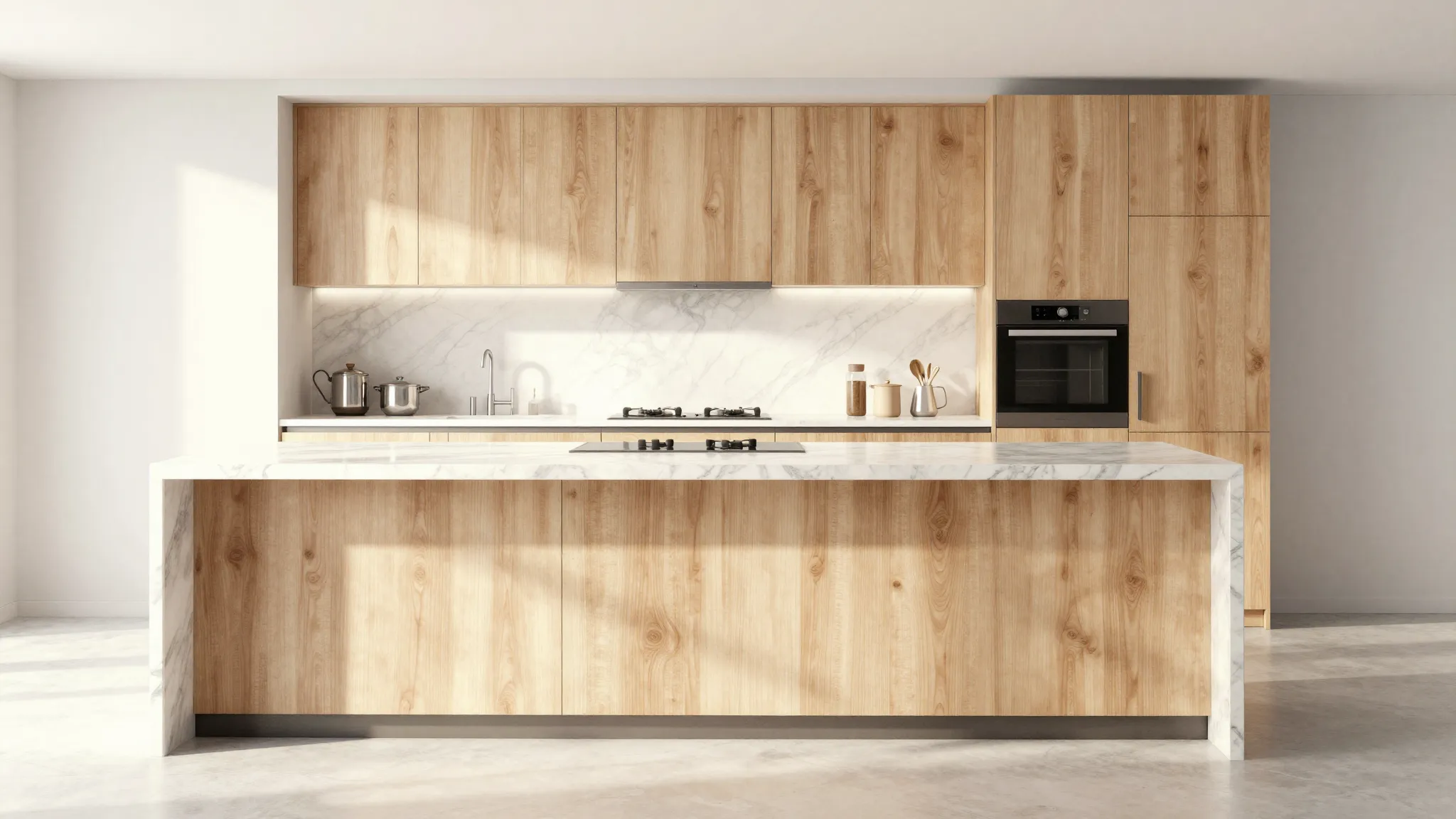 Watercolor style. Modern minimalist kitchen island and cabin...
