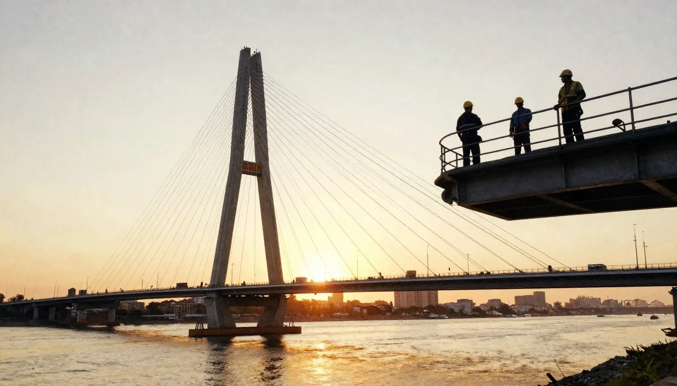 Watercolor style. A majestic cable-stayed bridge over a wide...