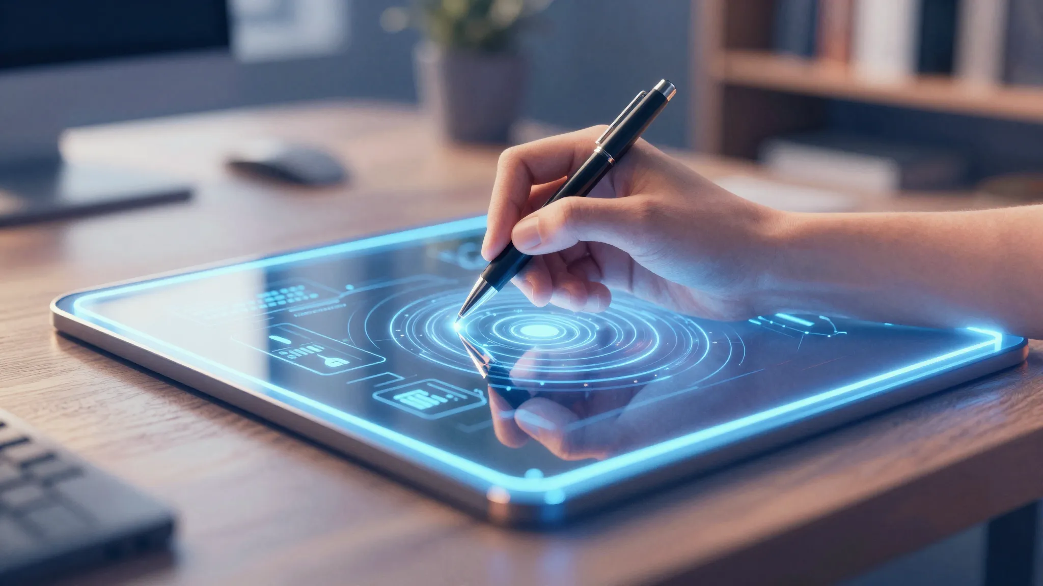 Watercolor style. A futuristic office desk with a glowing ho...