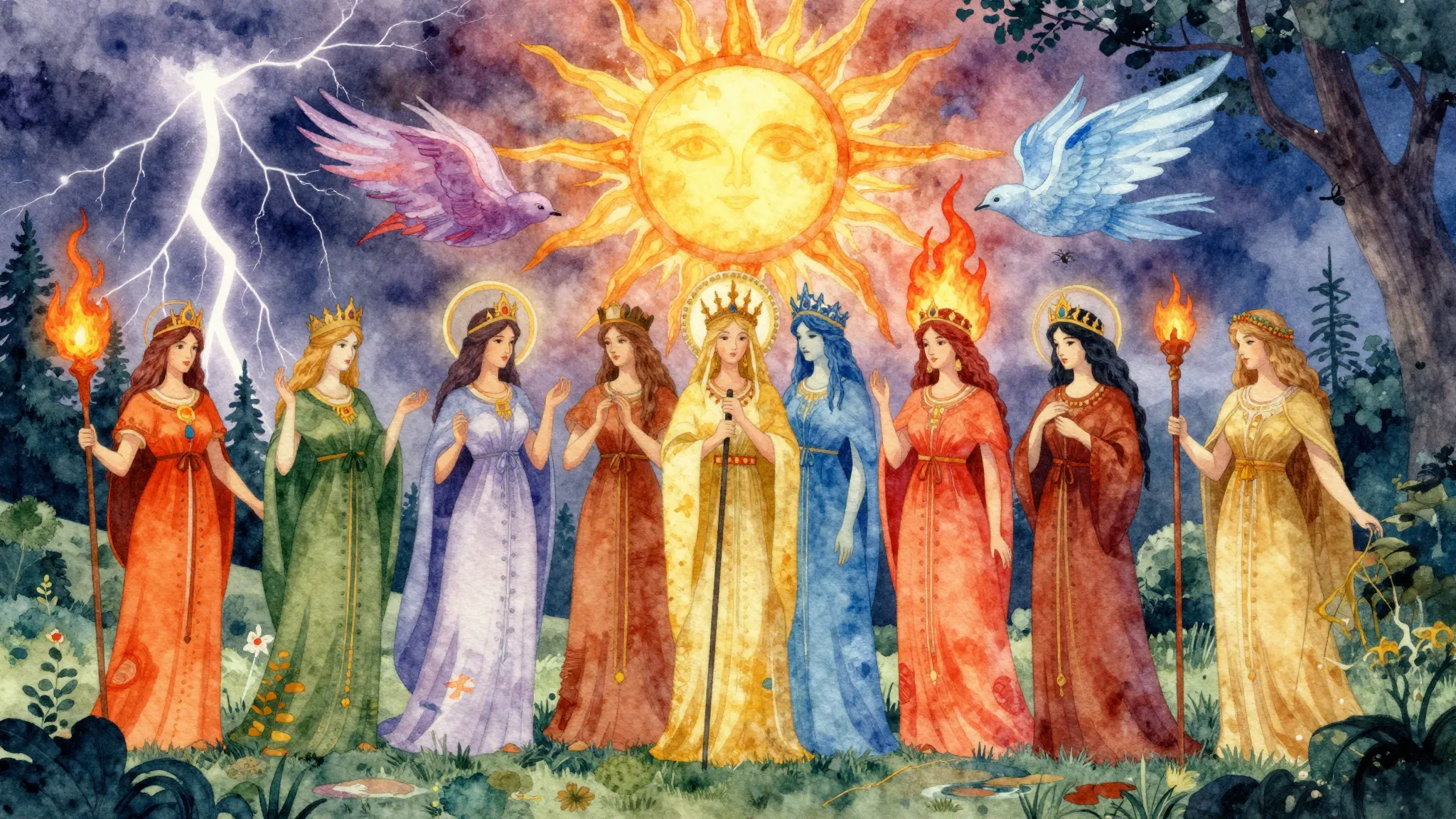 Vibrant watercolor style. Folk song album cover, ancient Sla...