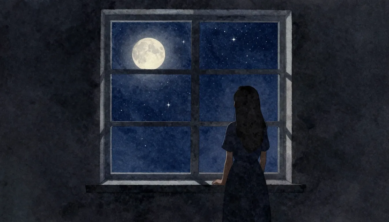 Watercolor style. A dark room with a large window, a dark si...