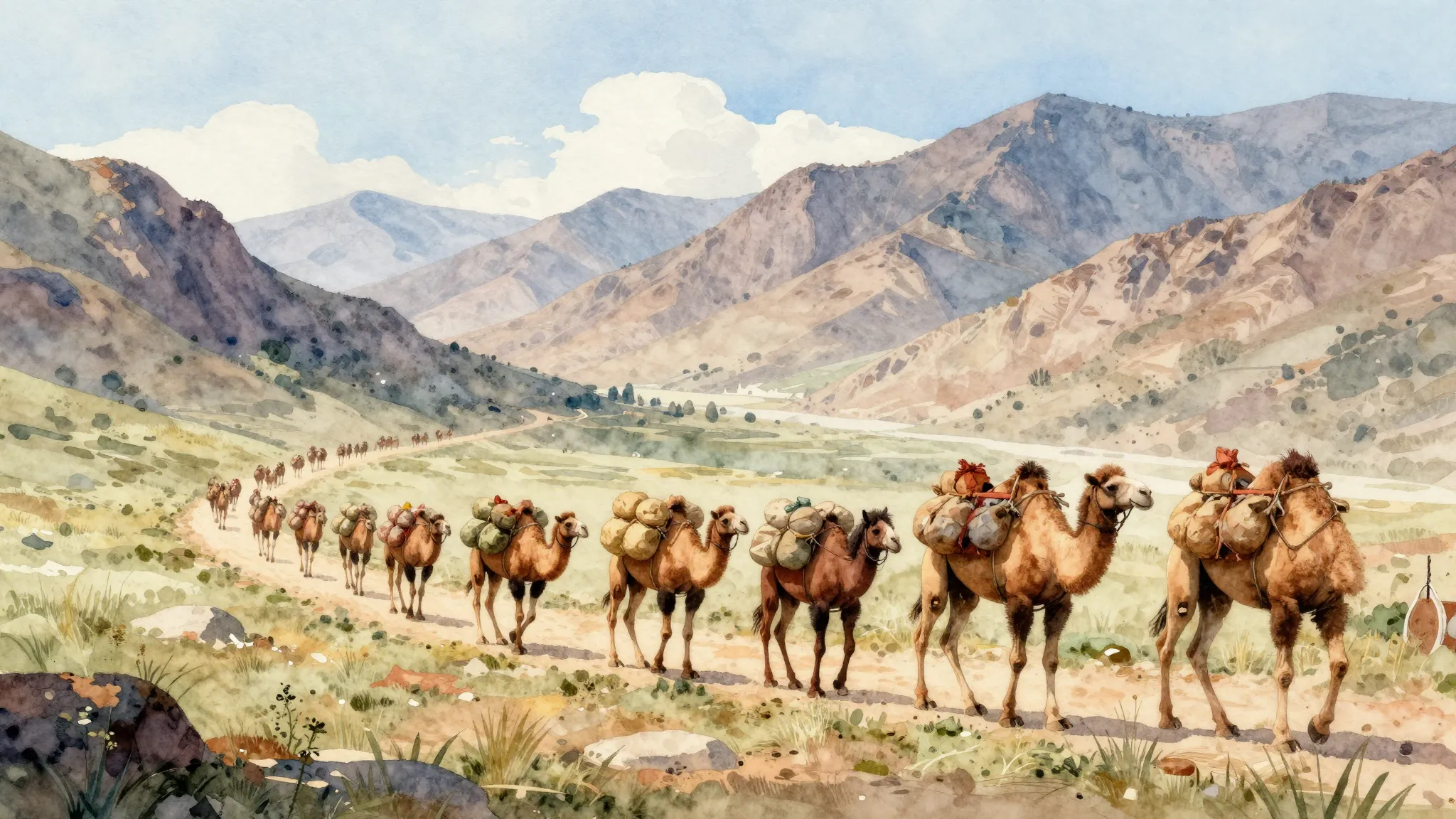 Watercolor style. A peaceful caravan of camels and horses ca...