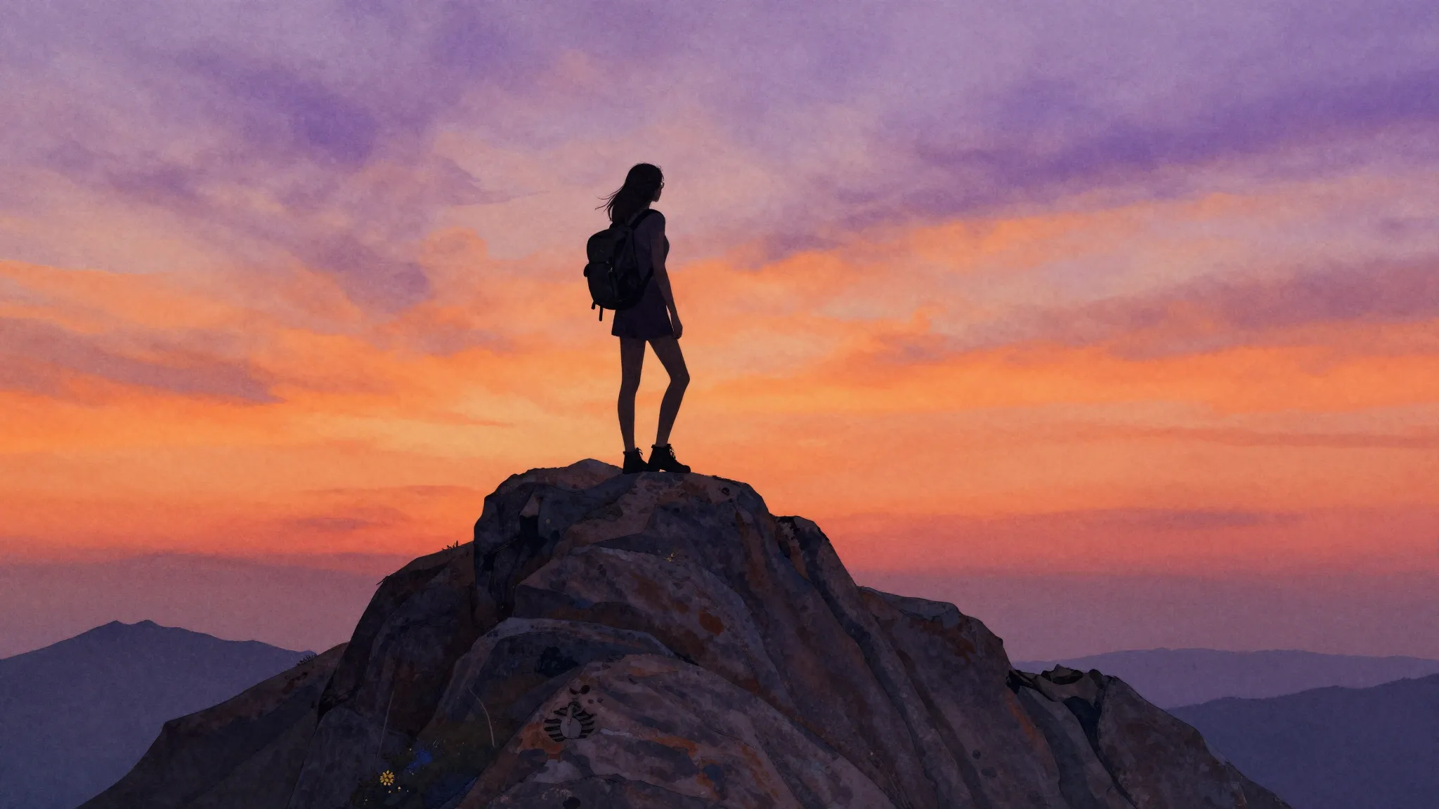 Watercolor style. A silhouette of a slender woman with a bac...