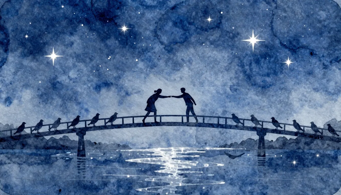 Watercolor style. A silhouette of two figures reaching for e...