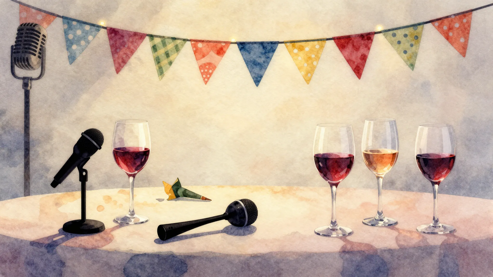 Watercolor style. Festive table with glasses of wine, microp...