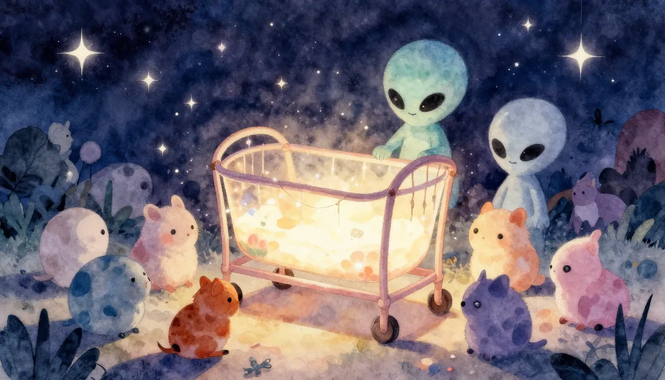 Watercolor style. A glowing cradle surrounded by round anima...