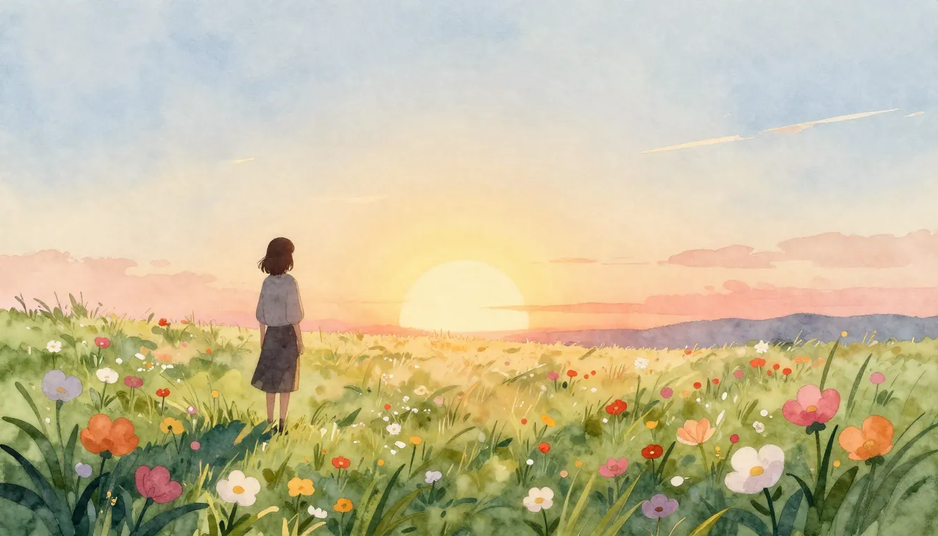 Watercolor style. A bright morning scene with a silhouette o...