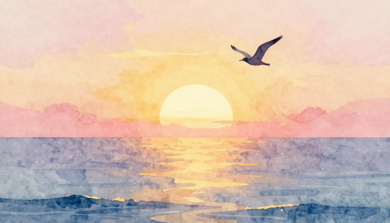 Watercolor style. A beautiful sunrise over a calm ocean, war...