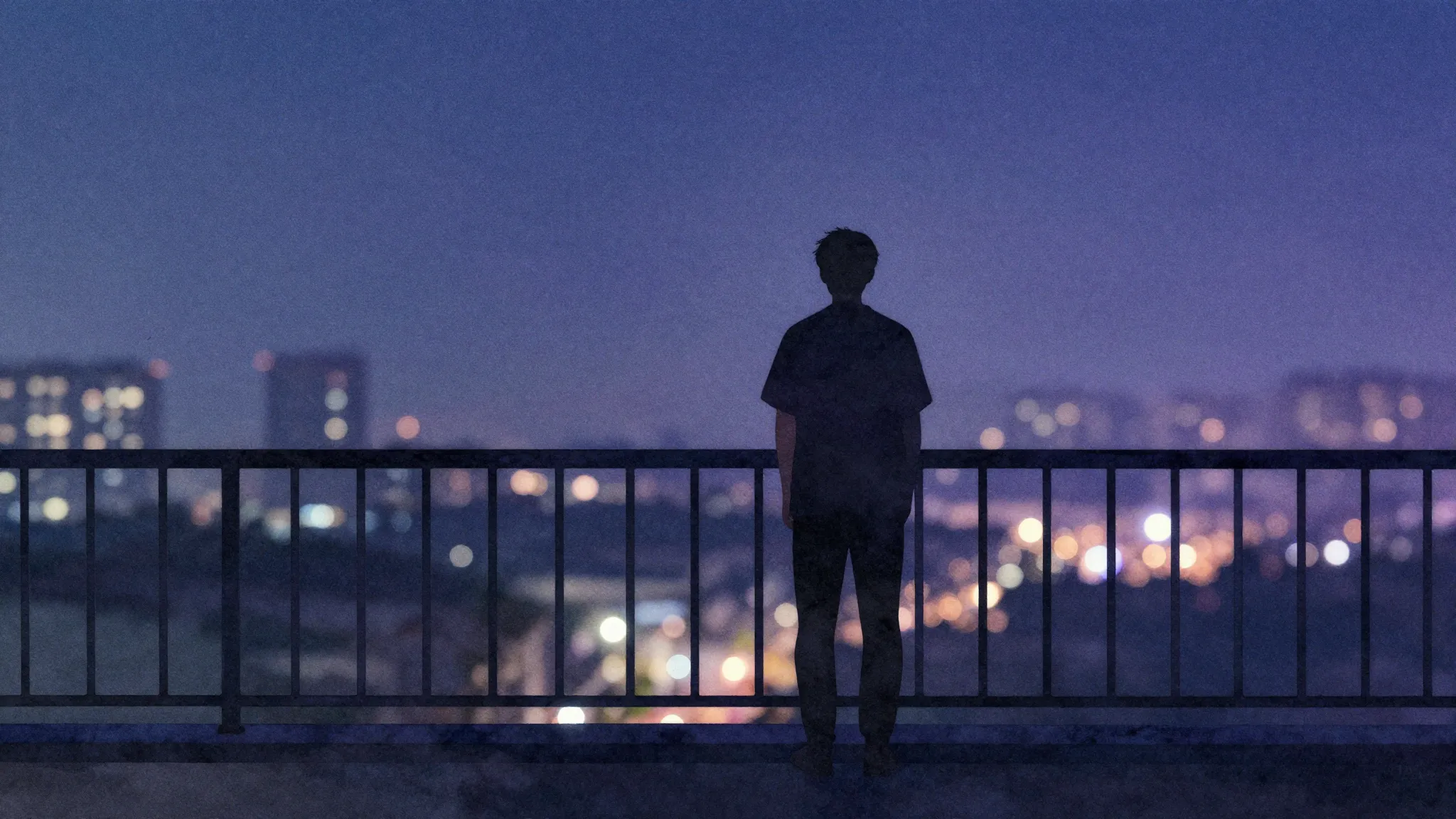 Watercolor style. Silhouette of a lonely person standing on ...