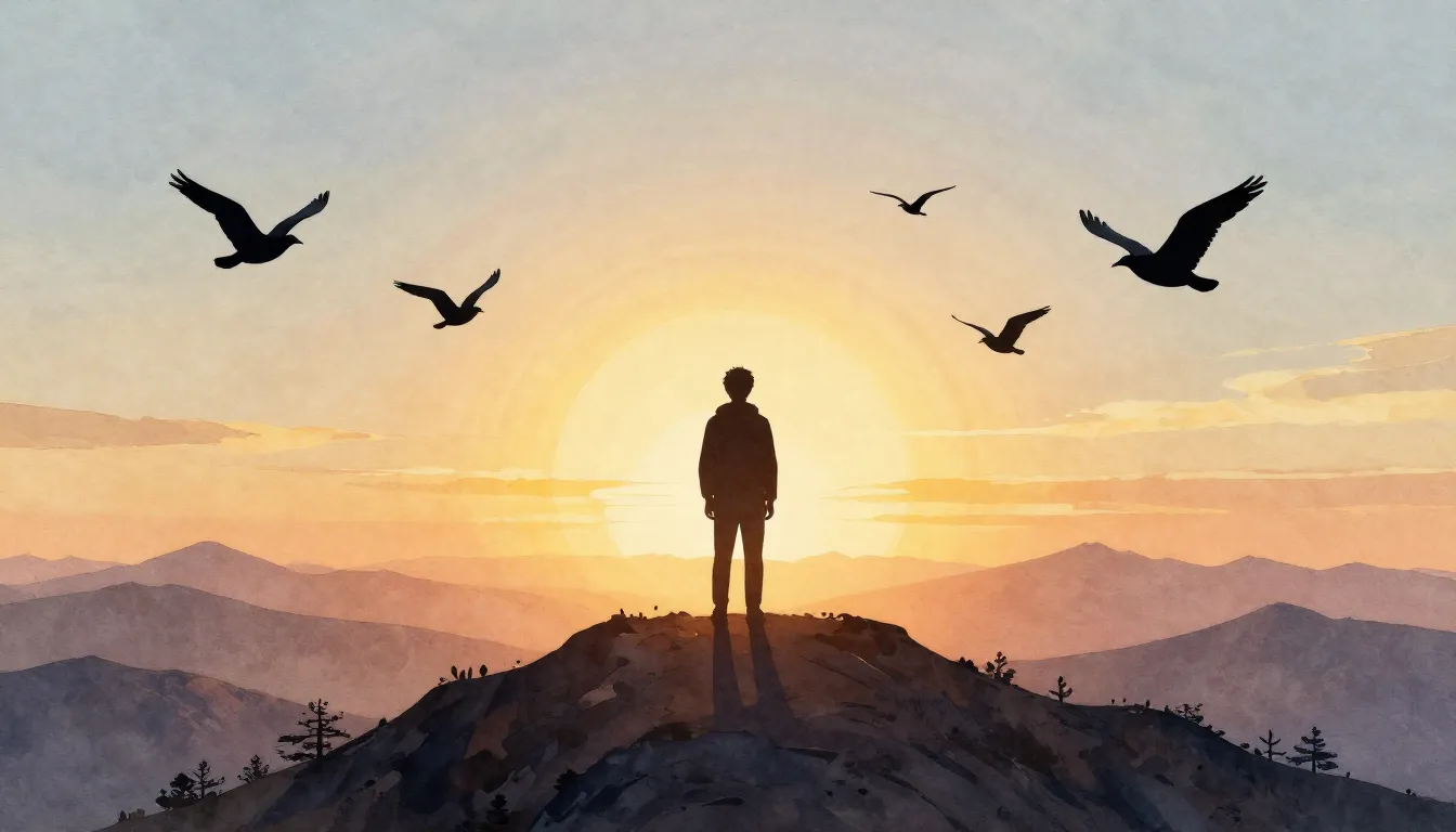 Watercolor style. Silhouette of a person standing on a mount...