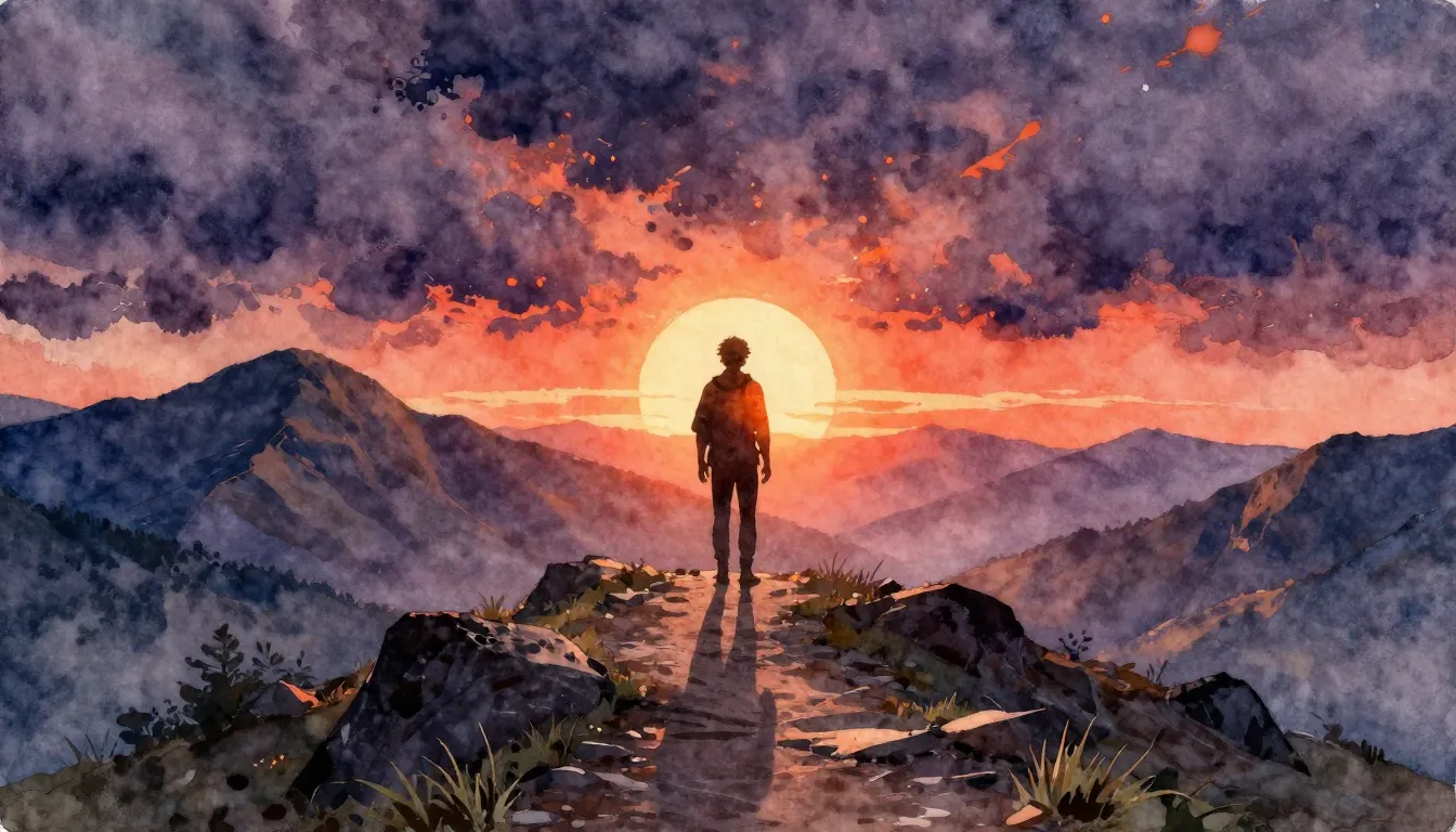 Vibrant watercolor style. A lone figure's silhouette standin...