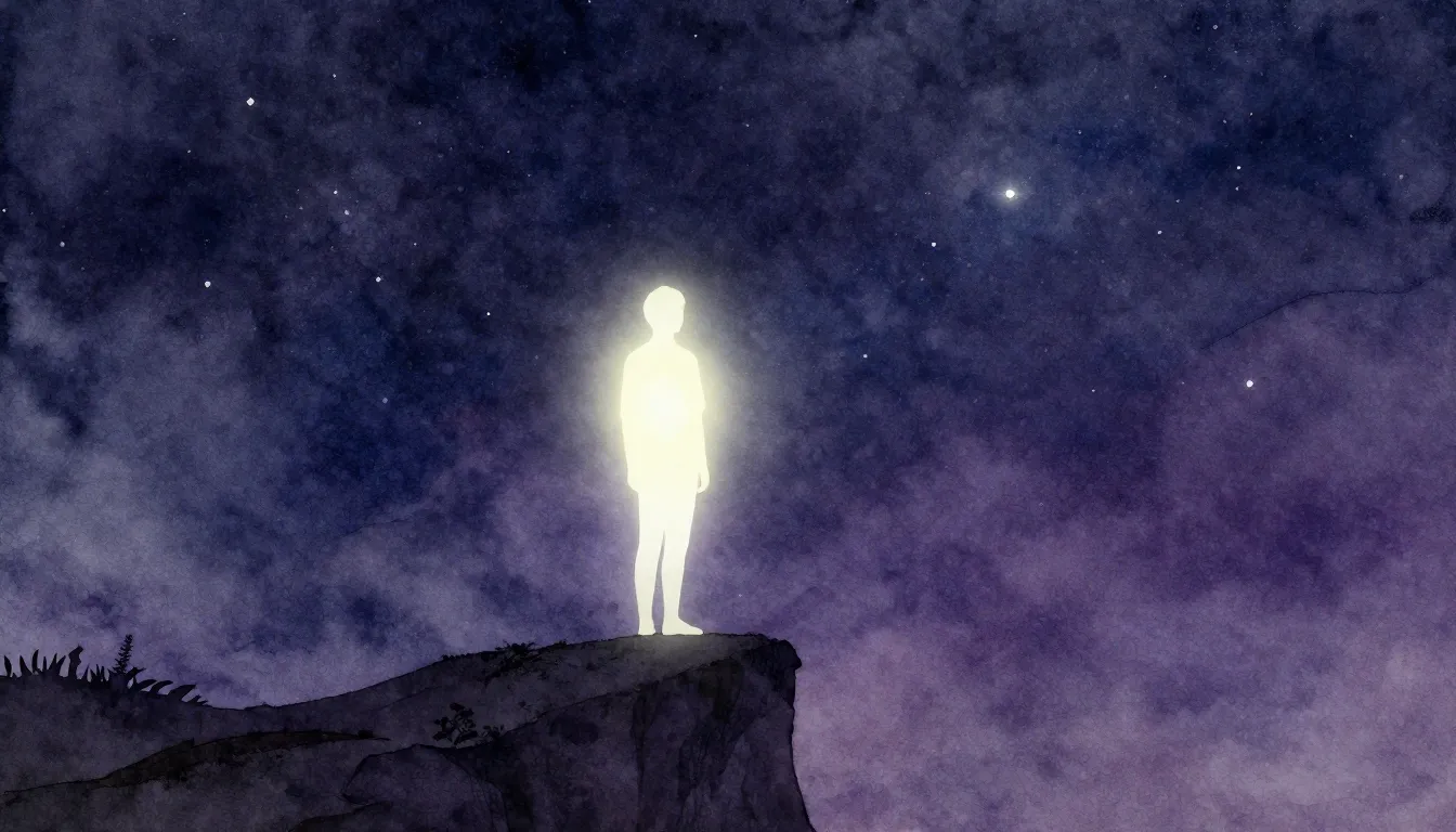 Watercolor style. A glowing silhouette of a person standing ...