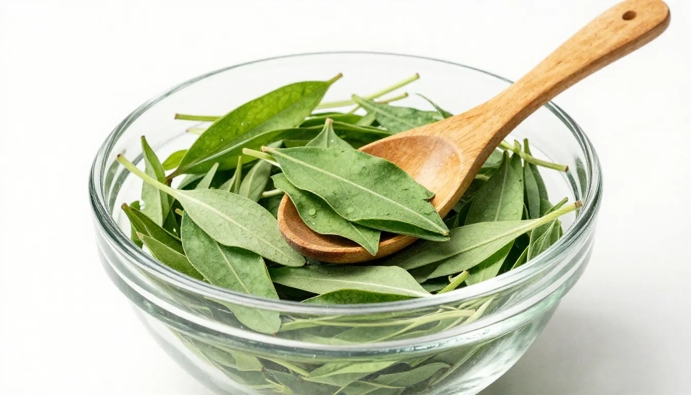 Watercolor style. A glass bowl filled with green stevia leav...
