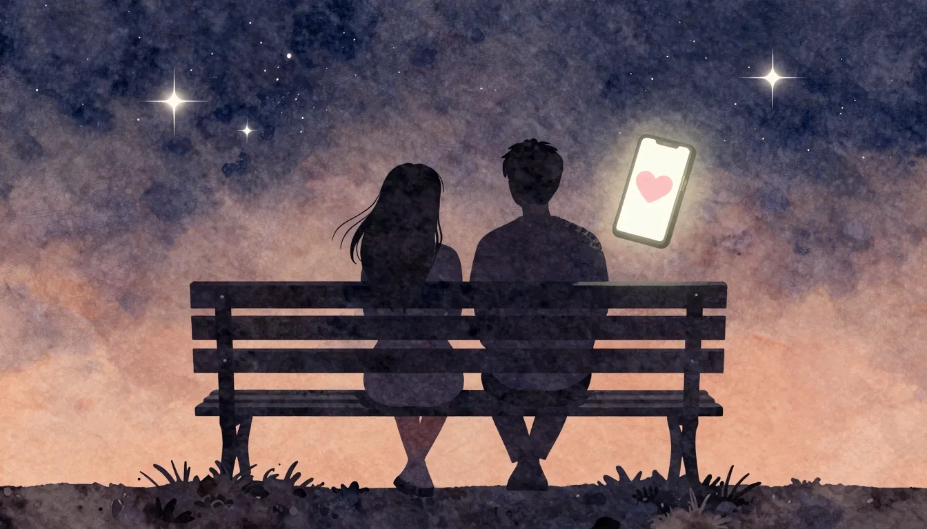 Watercolor style. A stylized silhouette of a young couple si...