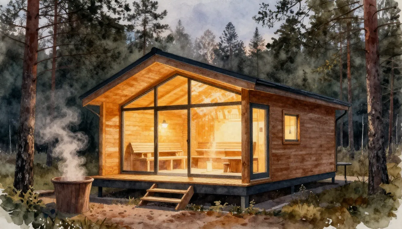 Watercolor style. Cozy modern wooden cabin in a dense pine f...