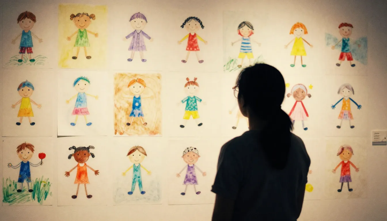 Watercolor style. A silhouette of a person looking at a wall...