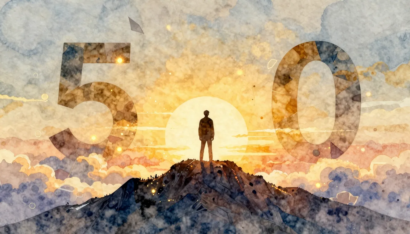 Watercolor style. A silhouette of a man standing on a mounta...