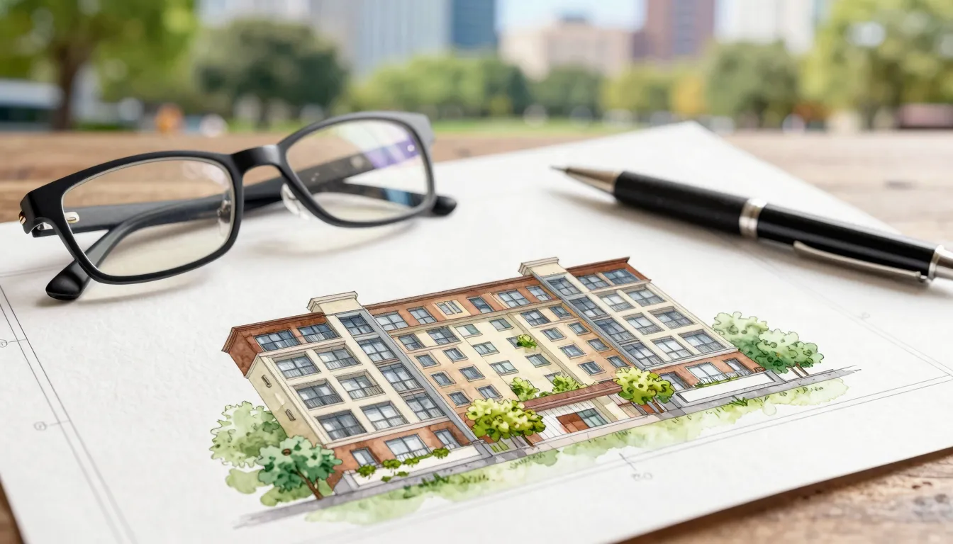 Watercolor style. Close-up of a professional architectural p...