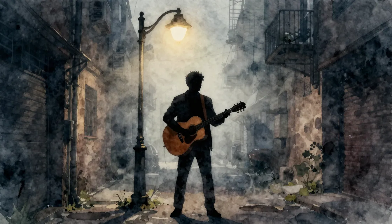 Watercolor style. A dark silhouette of a man standing under ...