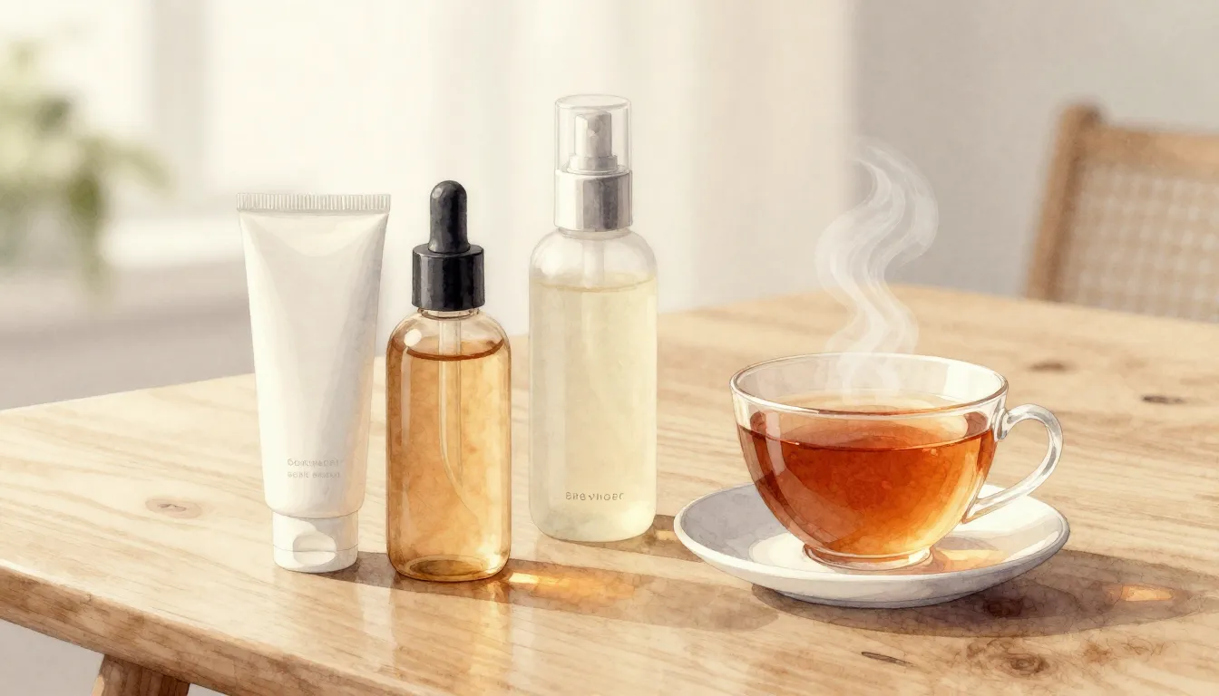 Watercolor style. A cozy aesthetic scene with premium skinca...