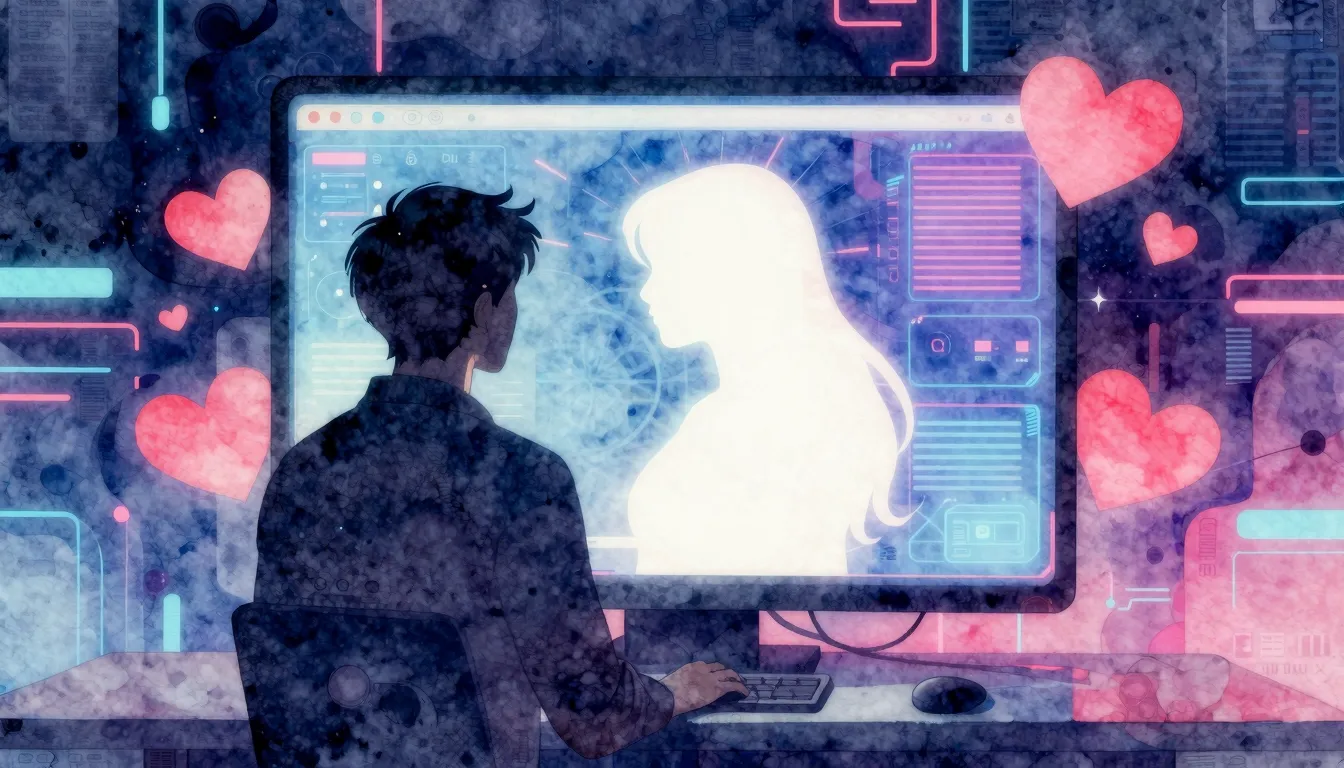 Watercolor style. A silhouette of a man looking at a glowing...