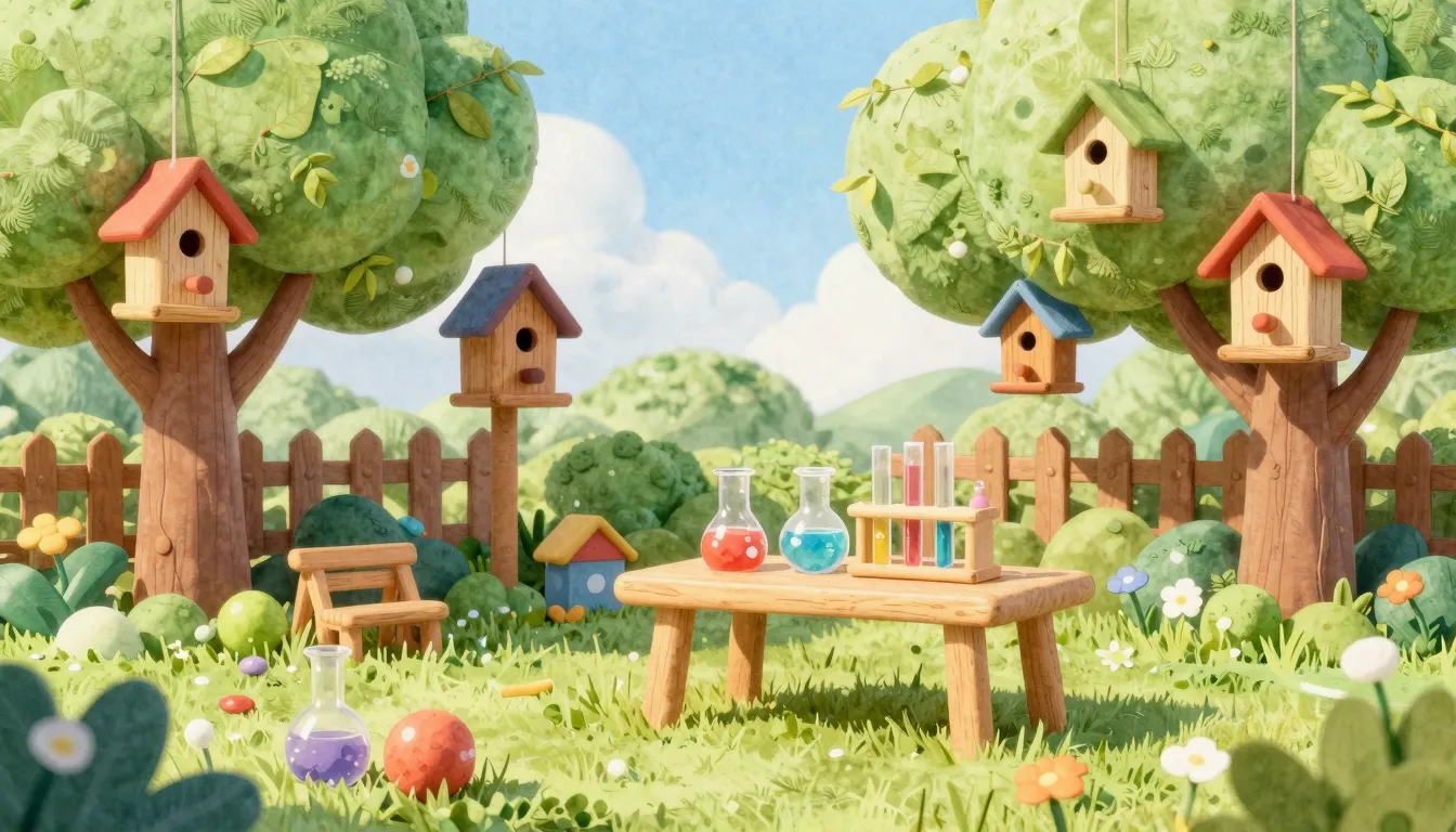 Watercolor style. A cozy school garden in summer with handma...