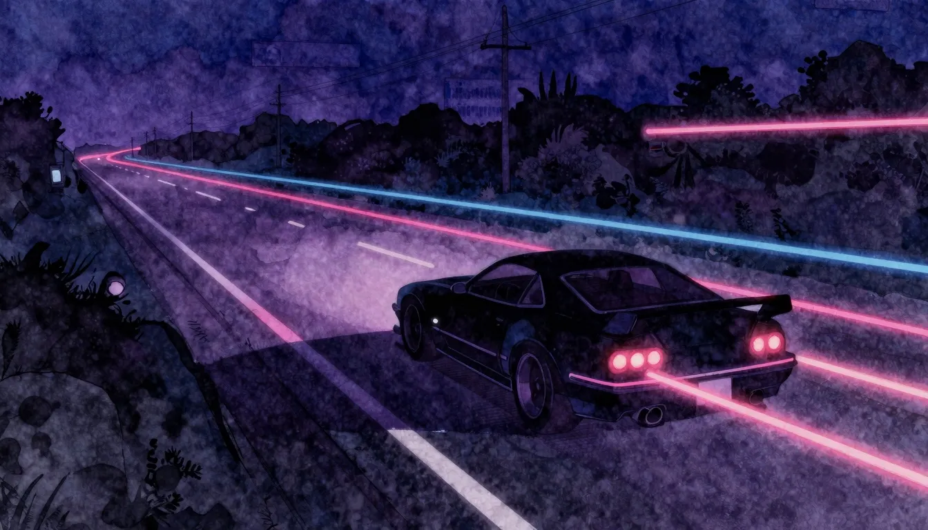 Watercolor style. Dark neon highway, silhouette of a fast ca...