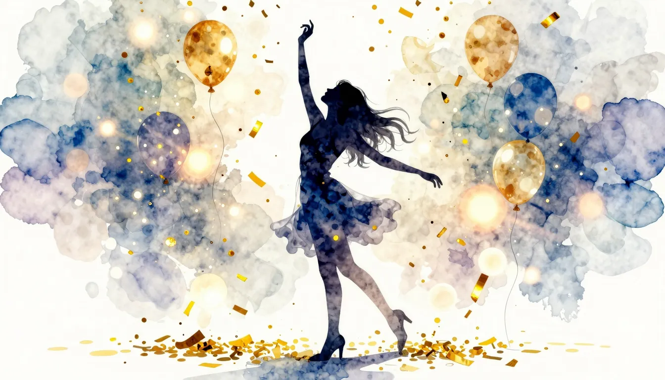 Watercolor style. Silhouette of a woman dancing under a show...