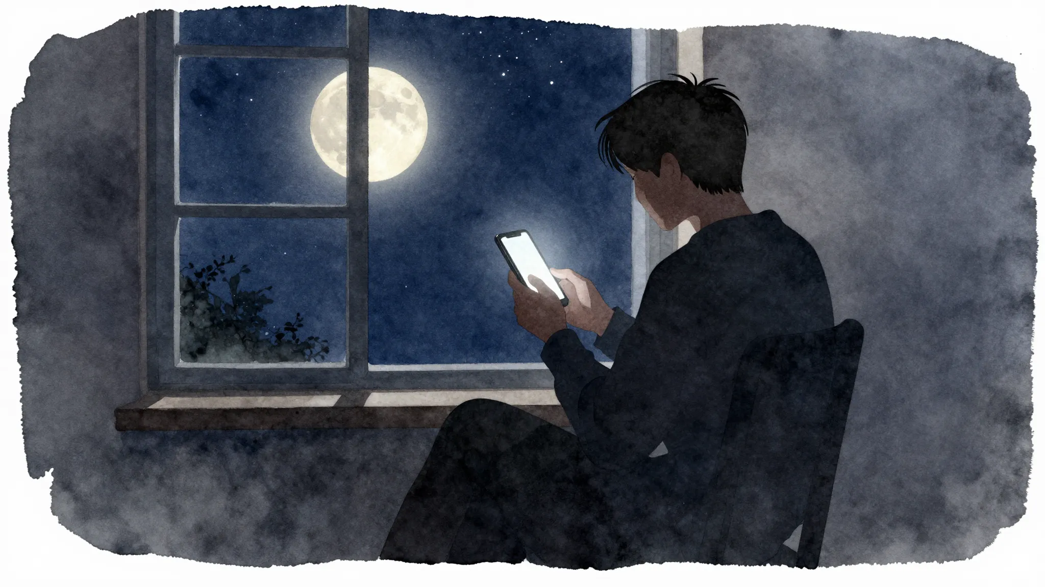 Watercolor style. A silhouette of a person sitting in a dark...