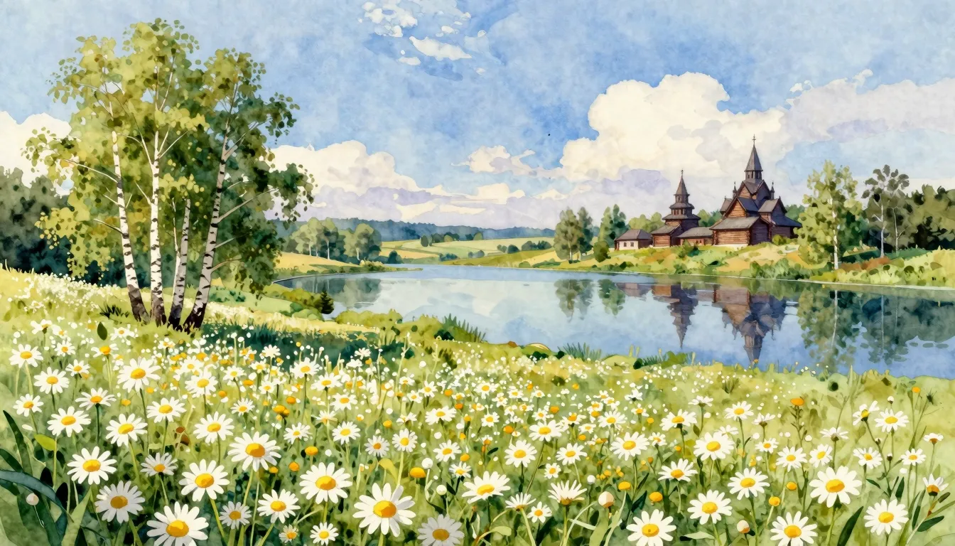 Vibrant watercolor style. A serene, picturesque landscape of...