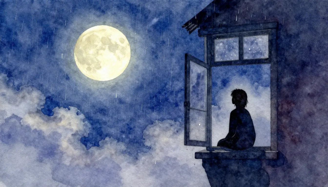Vibrant watercolor style. A lonely moon, a silhouette of a p...
