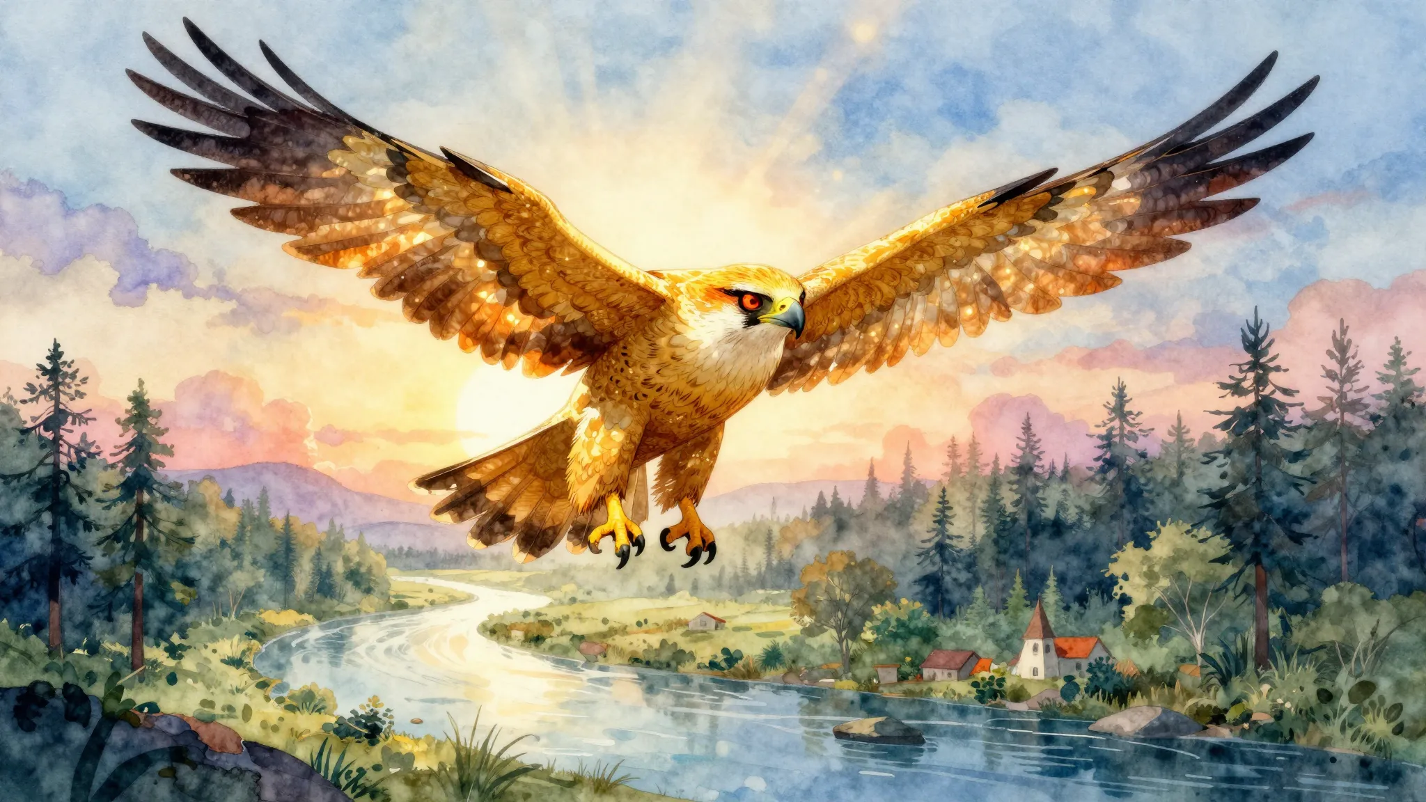 Vibrant watercolor style. Finist the Falcon, a majestic gold...