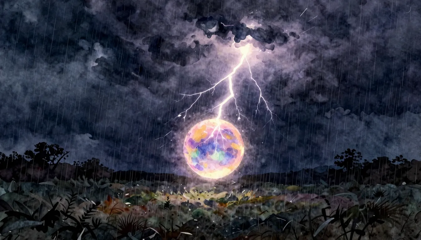 Watercolor style. A dramatic night landscape under a stormy ...