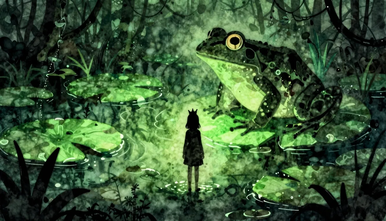 Watercolor style. A dark swamp at night, glowing green water...