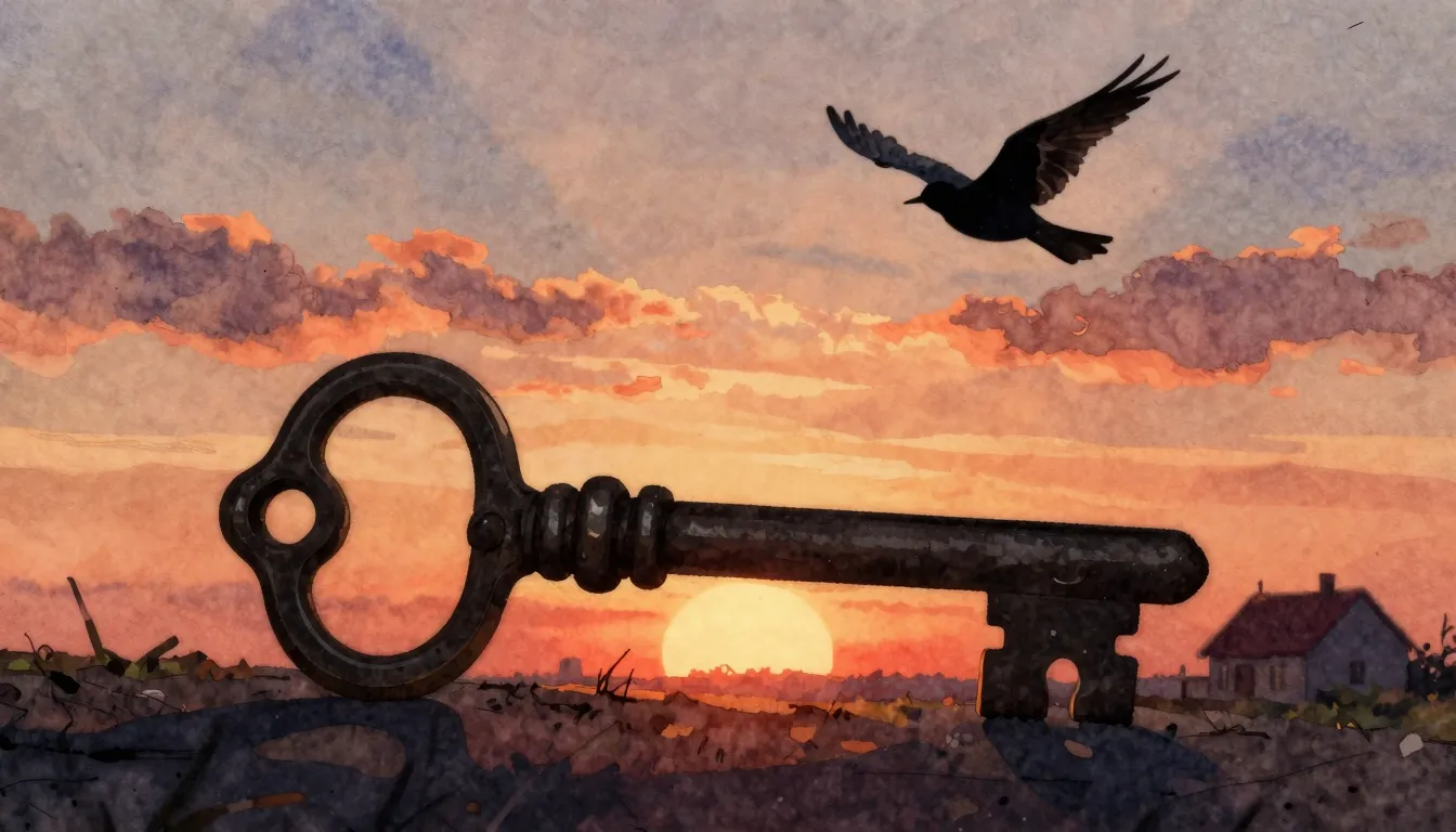 Watercolor style. Silhouette of an old vintage key and a bir...