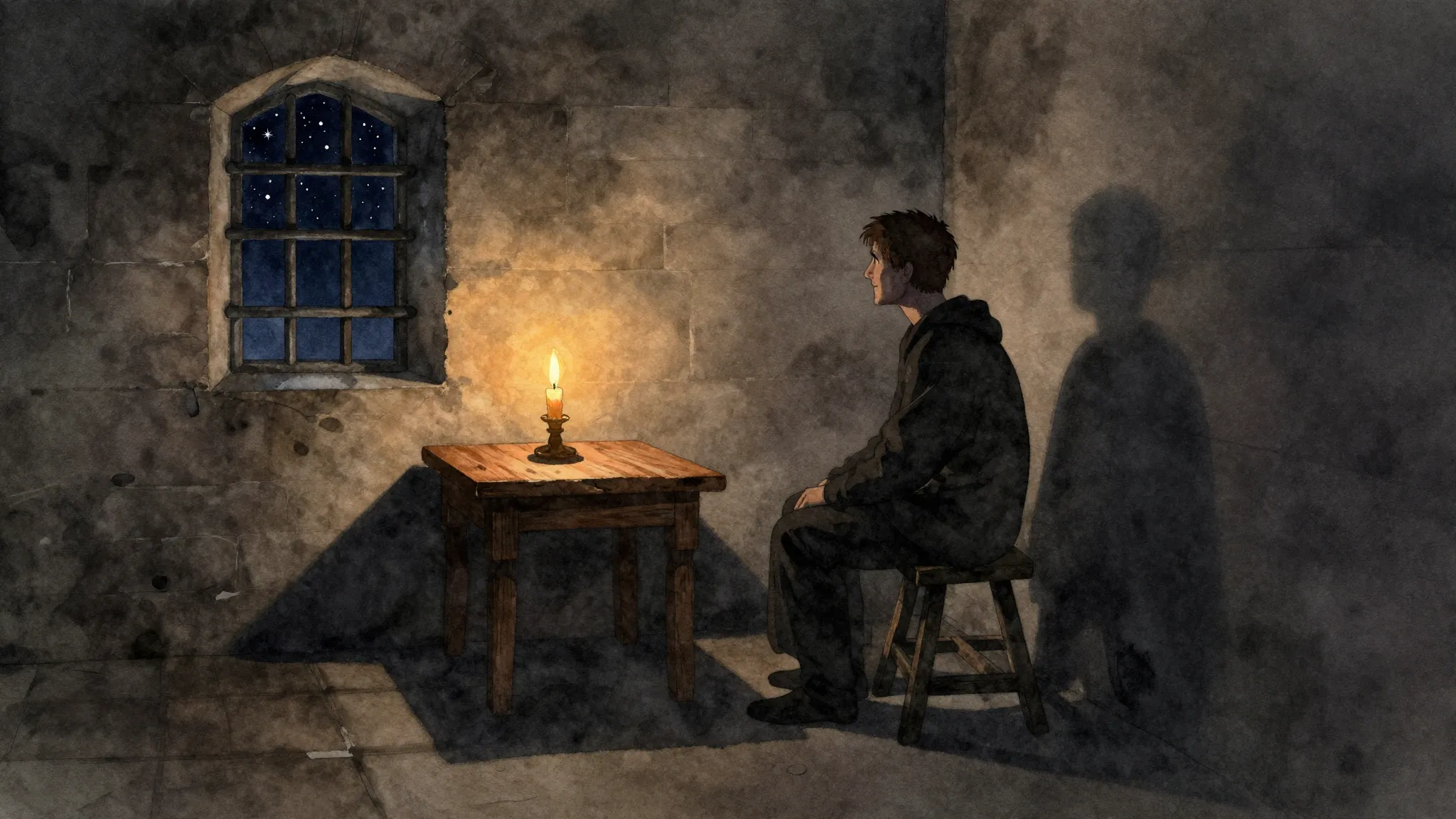 Watercolor style. A dark medieval prison cell with a small b...