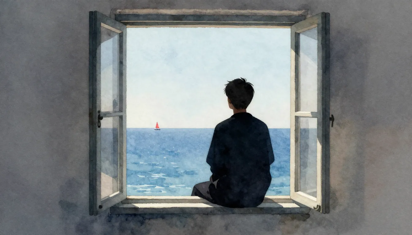 Watercolor style. A lonely silhouette sitting by an open win...