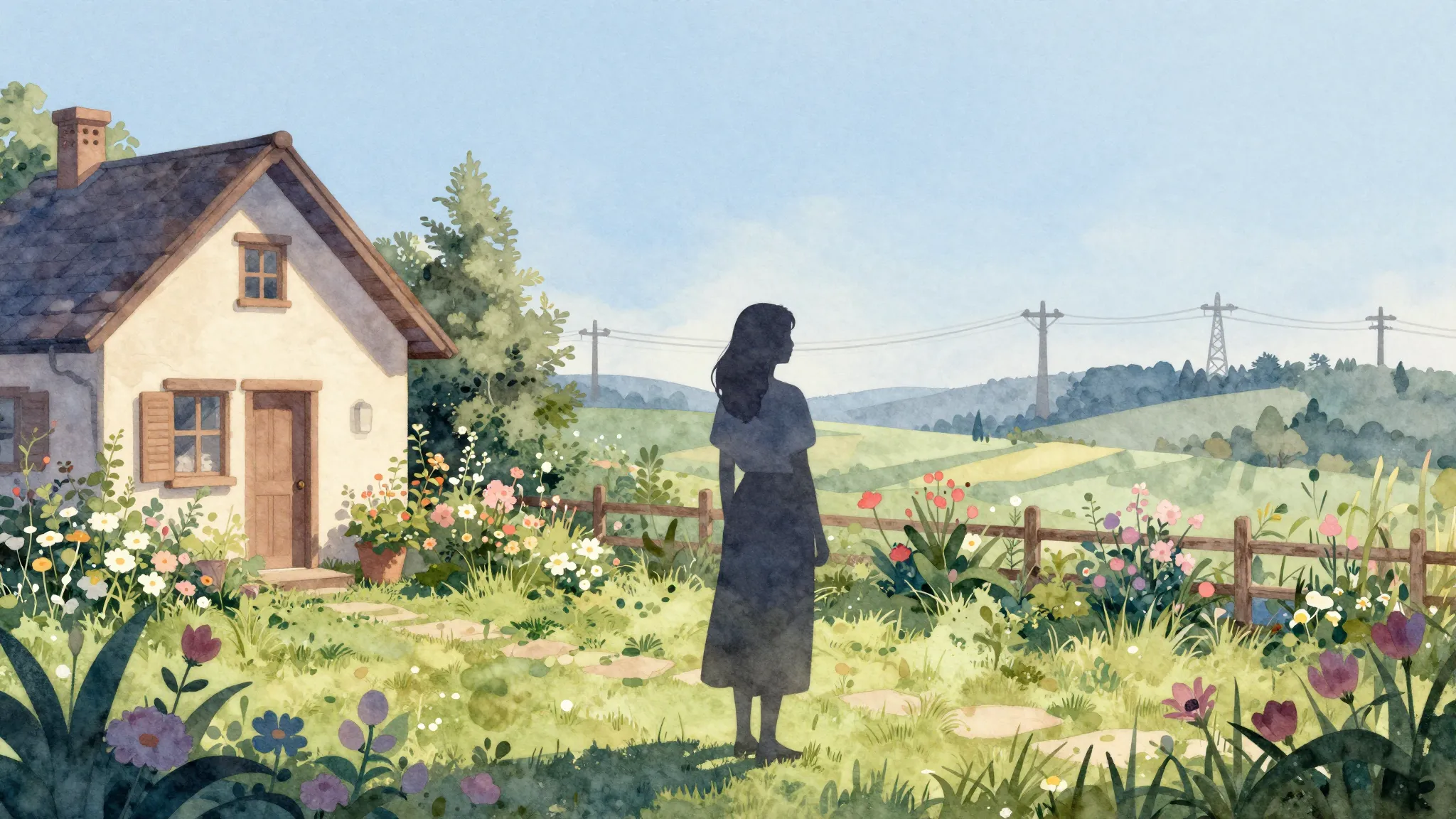 Watercolor style. A silhouette of a woman standing in a lush...