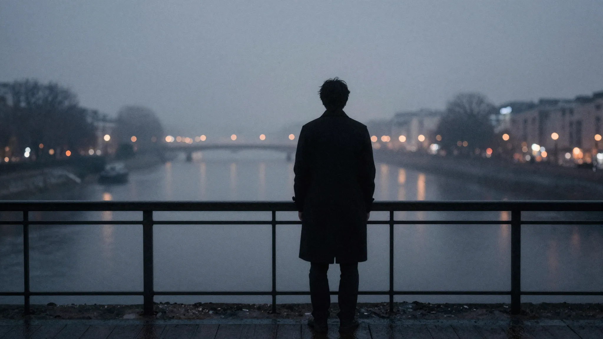 Watercolor style. A dark silhouette of a person standing alo...
