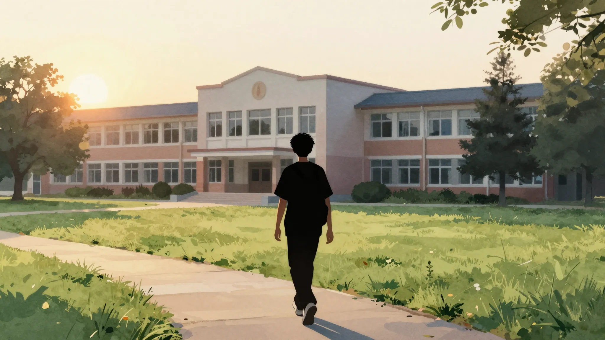 Watercolor style. Silhouette of a teenager walking away from...